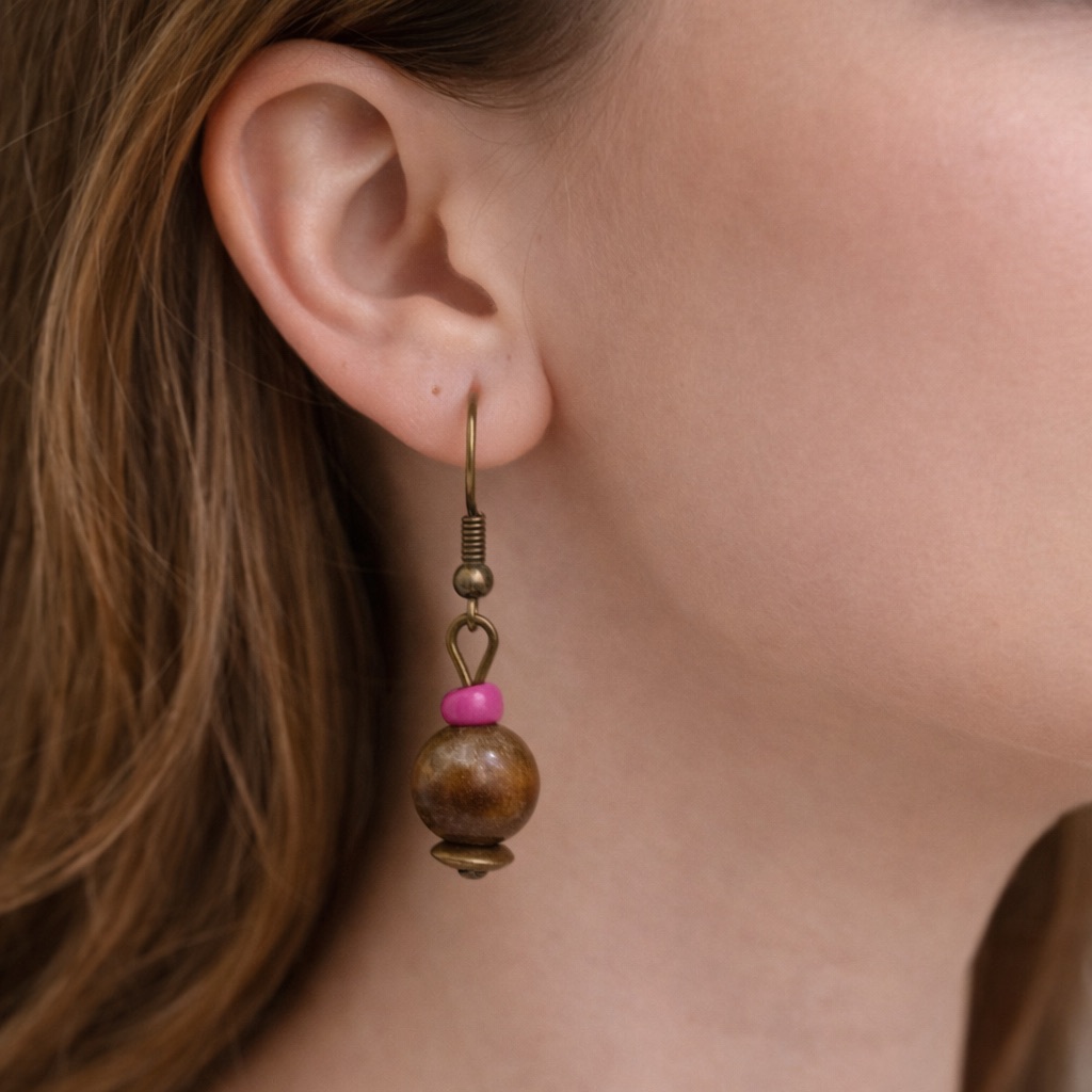 Handmade Wooden Bead Dangle Earrings | Pink Accent Ring | Lightweight Boho